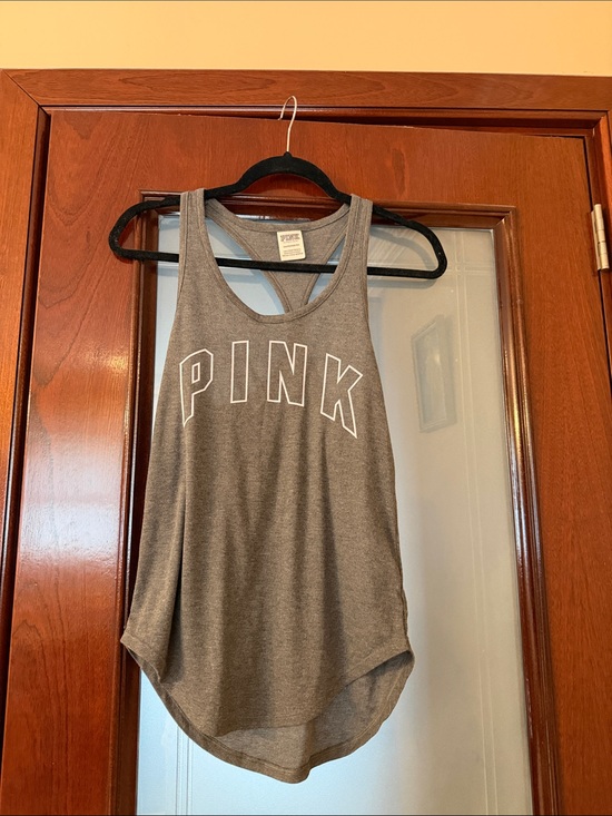 PINK Victoria's Secret Tops - PINK Victoria's Secret Gray Racerback Tank with White Logo